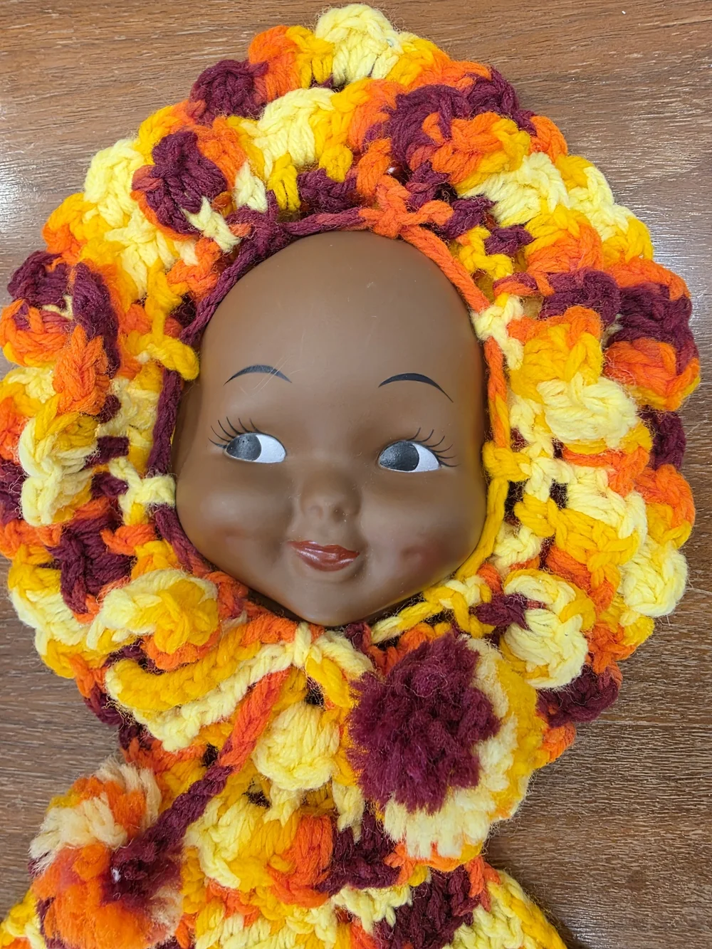 Handmade Crochet Doll Poncho & Bonnet Set in Yellow, Orange & Brown
